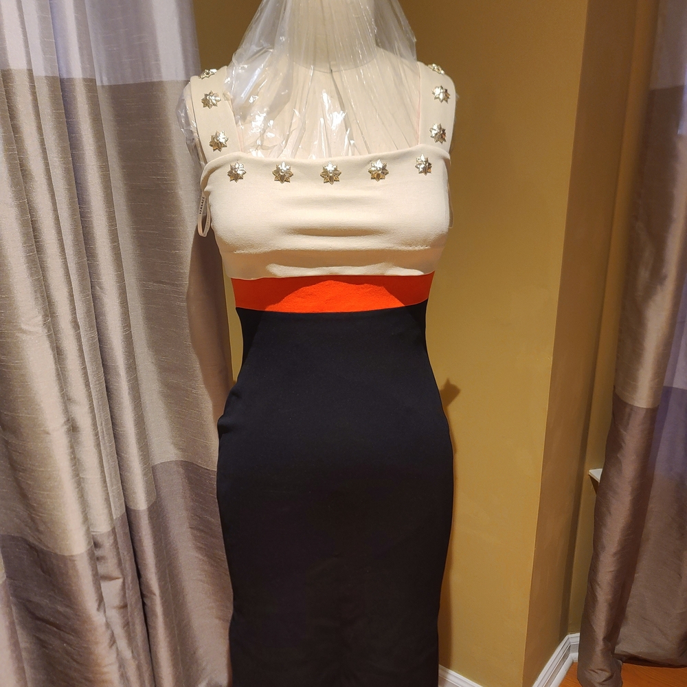 Versace Collection Stylish Black and Cream Dress Sz 40 (US 8) with Orange Accent